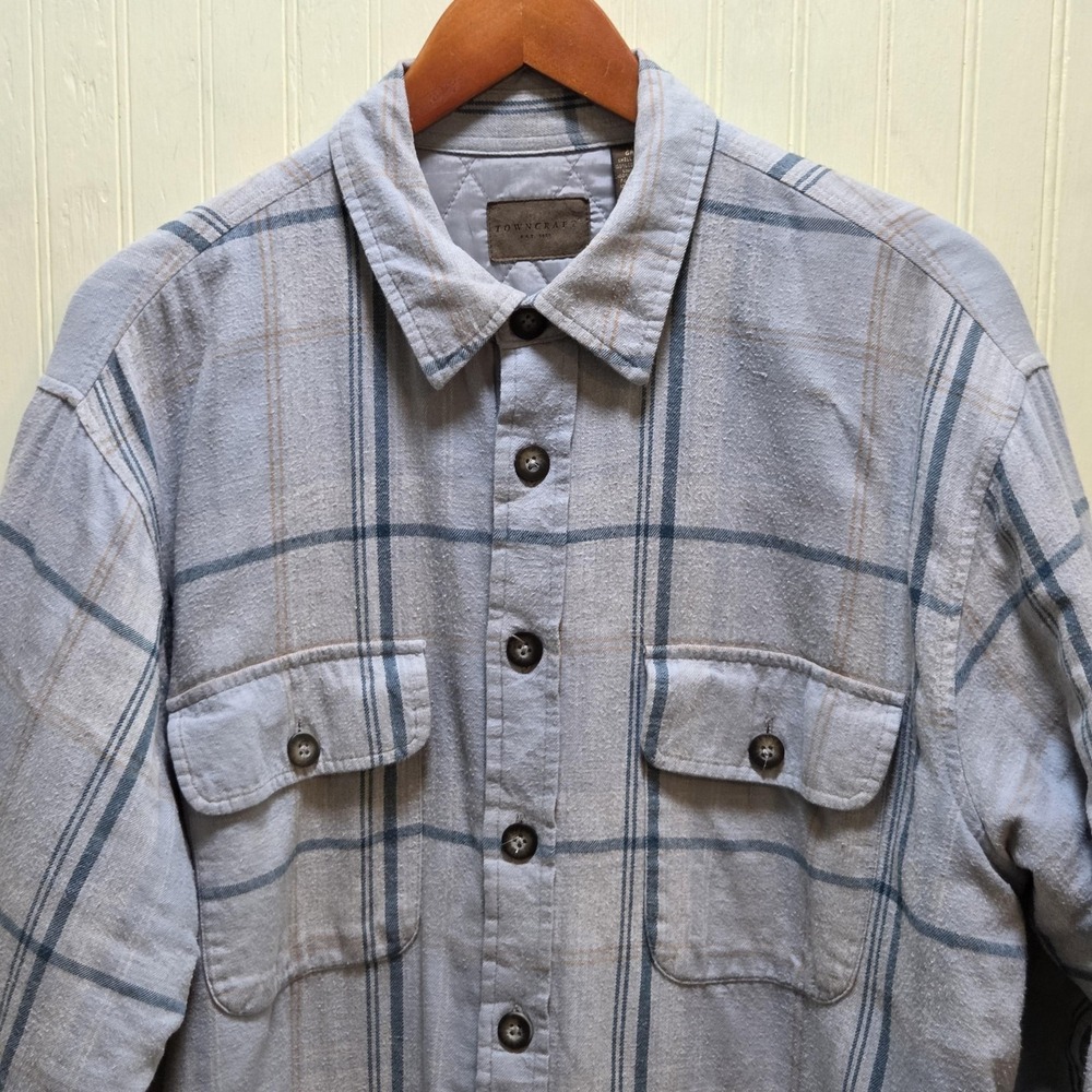 Towncraft Jacket Mens Large Blue Plaid Quilted Flannel Button Front Outdoor